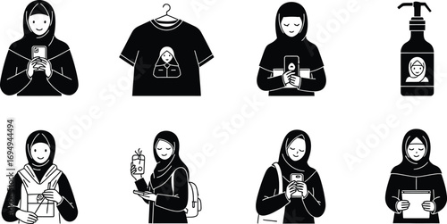 Various illustrations of Muslim women using technology and personal care products.