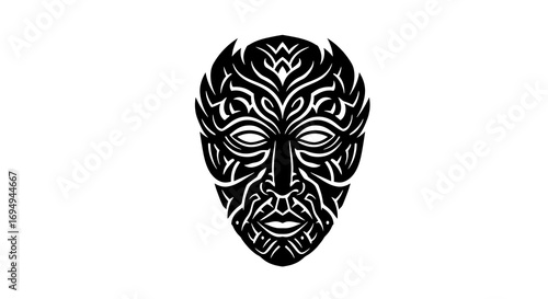 Intricate tribal face design with abstract patterns on white background