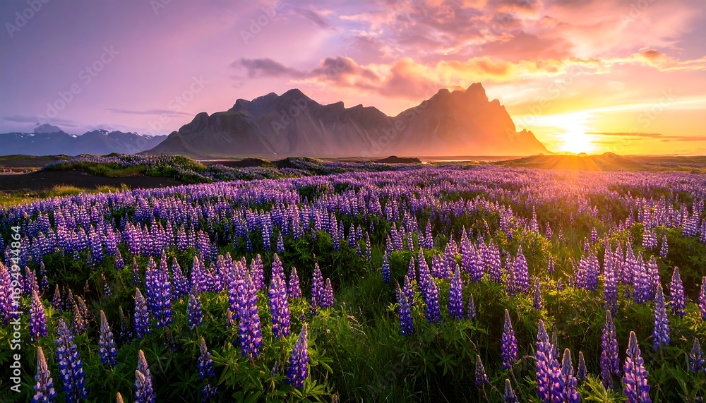 Obraz premium A vibrant field of lupines stretches towards a dramatic mountain range at sunset, showcasing a beautiful landscape with warm hues and a tranquil atmosphere.