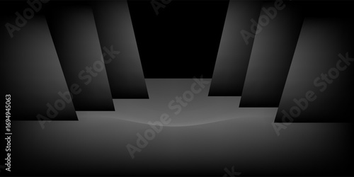 Abstract black geometric modern dark space background. Scene for advertising, showroom, technology, future, modern, sports, gaming, warehouse design. Vector illustration.