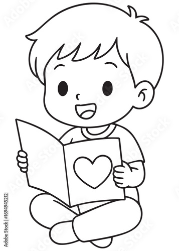 coloring book boy reading book with heart cover for valentine day