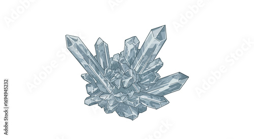 Detailed illustration of transparent quartz crystal cluster on white background