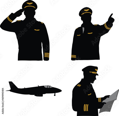 Airline pilots in uniform saluting, pointing, reading map, and aircraft silhouette illustration, perfect for aviation, navigation, and travel concepts.