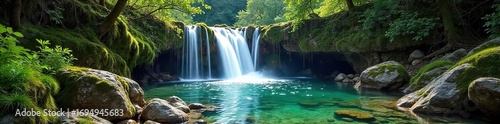 Serene waterfall cascading down mossy rocks into a crystal-clear pool, sunlight dappling the surface Perfect for nature, travel, and environmental themes , outdoor, wild, nature