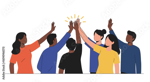 Diverse team celebrating success with high five gesture in modern flat style