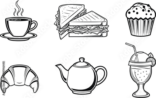 Black and white illustration of various food and beverage items, including coffee, sandwich, muffin, croissant, teapot, and smoothie.