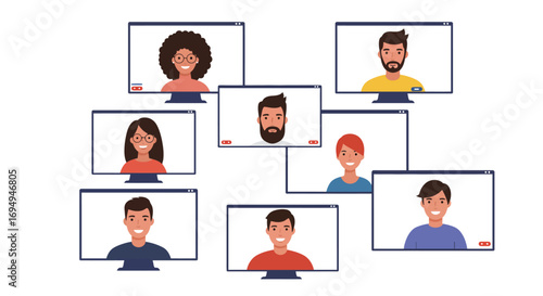 Online meeting with diverse participants on computer screens in flat style