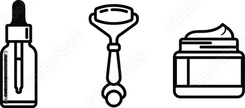 Illustration of skincare products, including a dropper bottle, face roller, and cream jar.