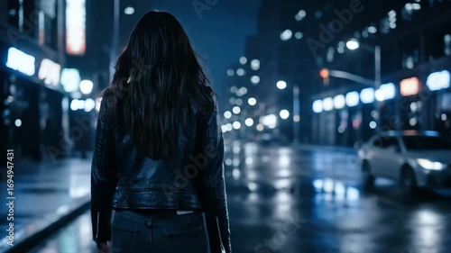 Mysterious woman stands alone on wet city street at night this lonely urban scene is a cinematic thriller moment this is a very cool dark fashion style this girl is alone