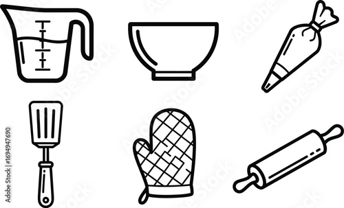 Collection of baking and cooking utensils, including measuring jug, mixing bowl, piping bag, spatula, oven mitt, and rolling pin.