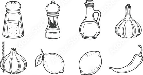 A collection of line art illustrations of common kitchen ingredients and seasonings.