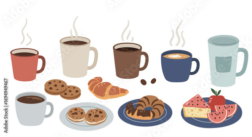 Cozy coffee and pastry collection featuring steaming cups and delicious desserts