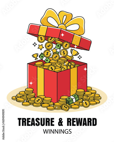 Treasure and reward winnings in gift box with coins and money