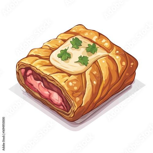 Beef Wellington, flat 2D isometric cartoon vector image isolated on white background.