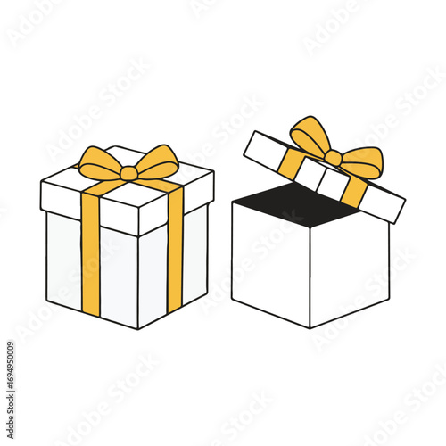 Two gift boxes with gold ribbons one closed and one open illustration