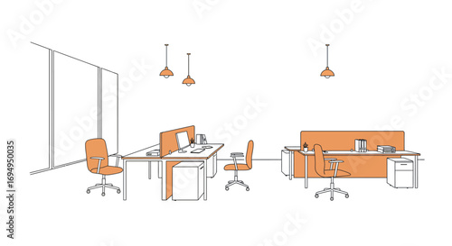 Modern office interior with desks and chairs in linear style