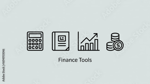 Finance tools icon set, calculator, book, chart and coins vector illustration for business, accounting, and investment
