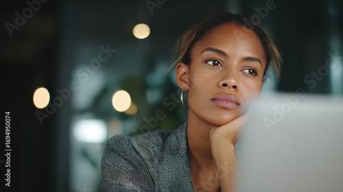 young serious concerned african american businesswoman sitting at desk looking laptop computer in contemporary corporation office business technologies concept vertical portrait no logos no brands ar