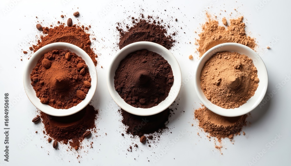 Obraz premium Three bowls display cocoa, cacao, carob powders in varying shades of brown. Ingredients essential for baking desserts, chocolates, confectionery. Minimalist top-down view on white background