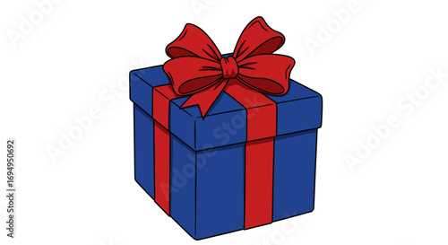 Blue gift box with red ribbon: festive present design in cartoon style