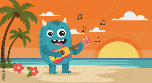 A whimsical flat design image of a cheerful monster strumming a ukulele on a serene tropical beach, creating a peaceful and joyful musical moment.