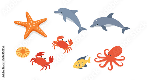Colorful marine life with dolphins, starfish, and crabs on white background