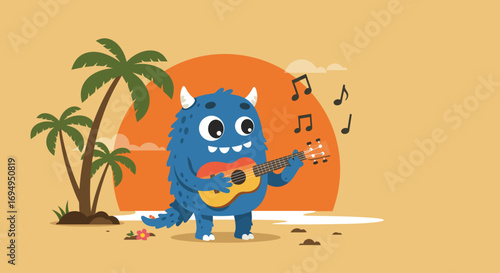 A whimsical flat design image of a cheerful monster strumming a ukulele on a serene tropical beach, creating a peaceful and joyful musical moment.