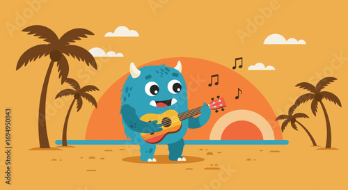 A whimsical flat design image of a cheerful monster strumming a ukulele on a serene tropical beach, creating a peaceful and joyful musical moment.