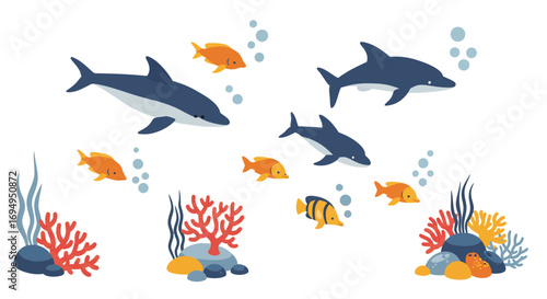 Underwater marine life with dolphins and fish in flat style