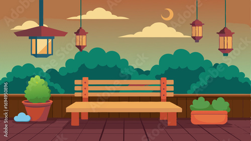 An outdoor patio with a simple wooden bench an incense burner and hanging lanterns.