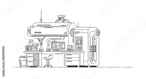 Futuristic science lab: linear biomedical equipment and desk setup