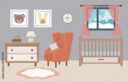 Vector illustration of a cozy children's room interior in flat style. A crib, an armchair, a chest of drawers, books, framed photographs of animals, a window with a picturesque winter view.