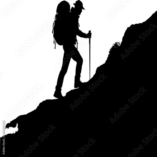 Mountain Ascent: An intrepid adventurer strides purposefully up a rugged mountain, silhouetted against the sky, embodying the spirit of exploration, challenges, and triumph over adversity.