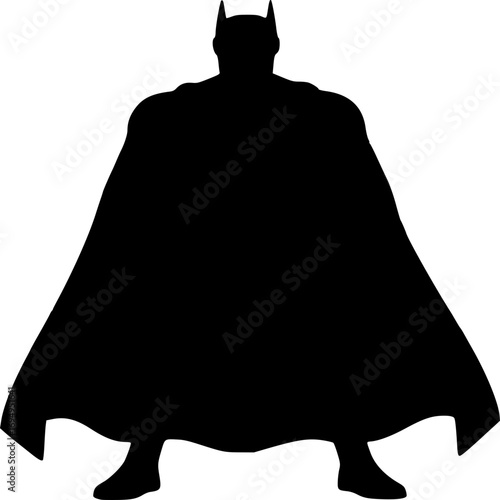 Shadowed Guardian: A silhouette of a caped vigilante, an emblem of justice, poised against a dark backdrop, ready to defend and inspire with unwavering courage and resolve.