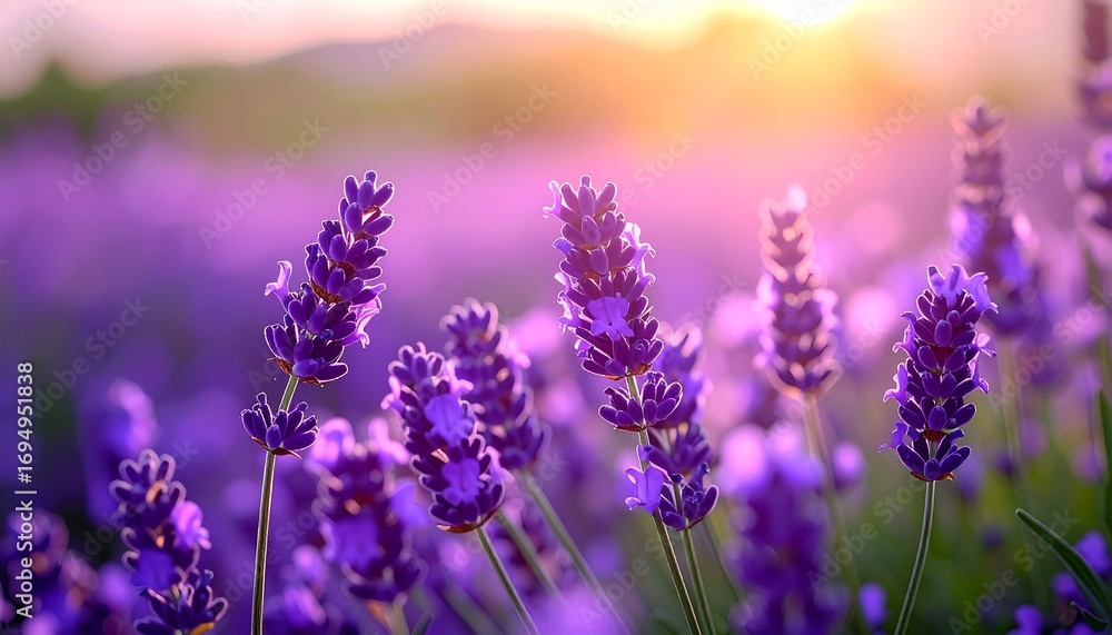Naklejka premium Lavender Field at Sunset, Aromatic Blossoms Glowing in Golden Light, Serene Lavender Field at Dusk, Floral Aroma and Dreamy Sunset Over the Landscape