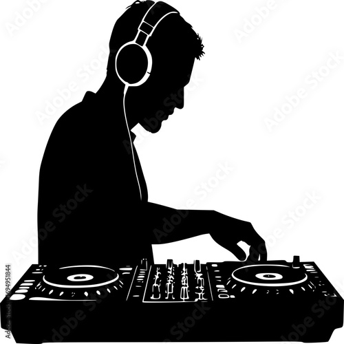 DJ Silhouette: A dynamic black silhouette of a DJ, immersed in the art of music mixing, surrounded by mixing equipment.