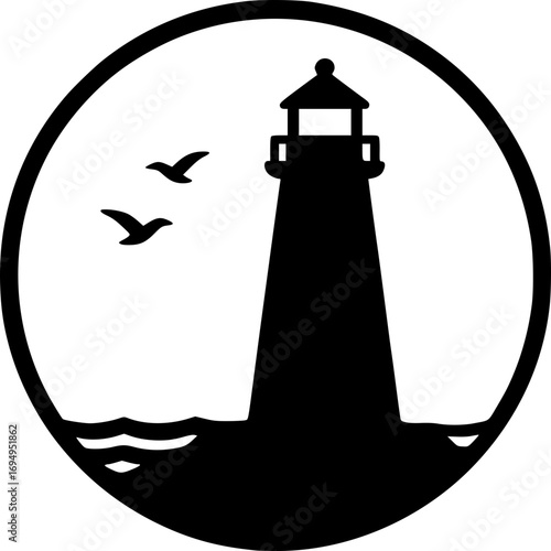 Guiding Light: A monochrome silhouette of a lighthouse stands tall within a circular frame. Two birds soar in the sky, with gentle waves gently lapping around the base.