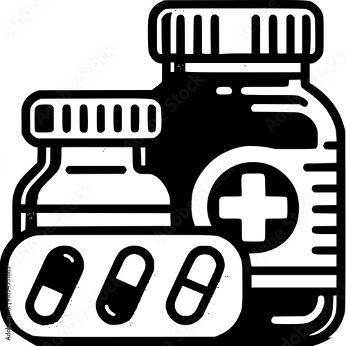 Medical Medication Essentials: A captivating monochrome depiction of essential medical elements, showcasing medicine bottles and blister pack filled with pills.