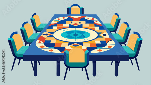 A large communal table with an intricate mosaic design surrounded by mismatched chairs.