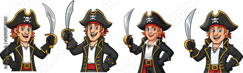 Cartoon pirate character collection with sword, pirate costume, hat, skull symbol, smiling face, adventurous expression, isolated vector illustration for design and decoration