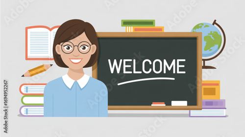 A cheerful teacher stands before a blackboard with the word welcome written on it, surrounded by books, a globe, and a pencil