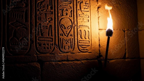 Ancient alien hieroglyphics carved on a stone wall lit by a flickering burning torch in a dark tomb. UFO, extraterrestrial concept footage.
