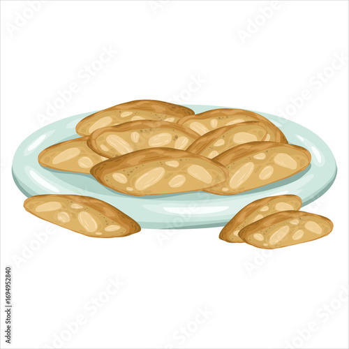 A hand-drawn vector illustration of a plate piled high with golden cantuccini. These classic Italian almond biscuits are depicted with a rustic, baked texture