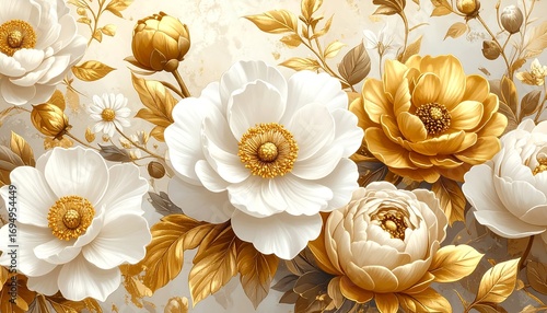 A captivating floral design showcasing a bouquet of opulent white and gold peonies, enhanced by detailed leaves and stems.