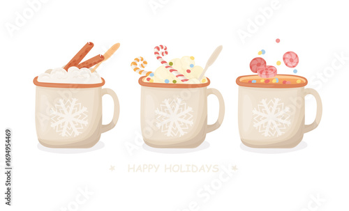 Hot chocolate, cocoa mugs. Cup of hot Christmas drink with marshmallows, cinnamon, candies. Happy holidays cute vector illustration.
