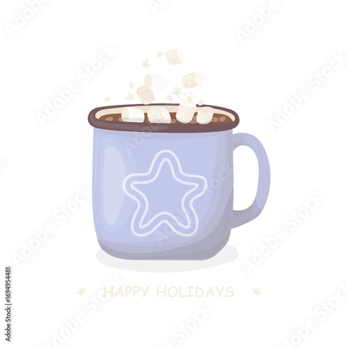 A hot chocolate, cocoa mug on a white background. Christmas drink with marshmallows vector illustration. Festive card design.