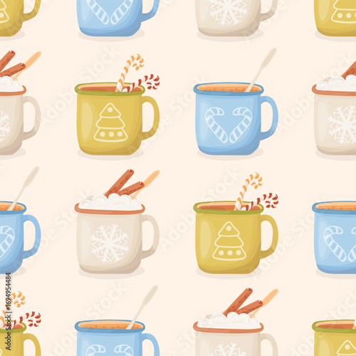 Hot chocolate, cocoa mugs seamless pattern. Cup of hot Christmas drink with marshmallows, cinnamon, candies. Happy holidays cute vector illustration.