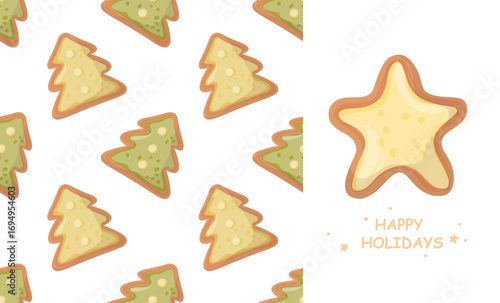 Christmas gingerbread trees seamless pattern and star cookie element isolated on white background. Cute vector illustration. Traditional baked cakes and crackers festive design.