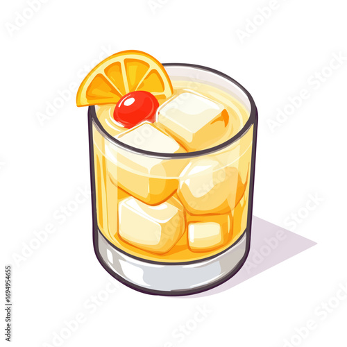 Whiskey Sour, vector graphic, 2D flat isometric cartoon illustration on white background.
