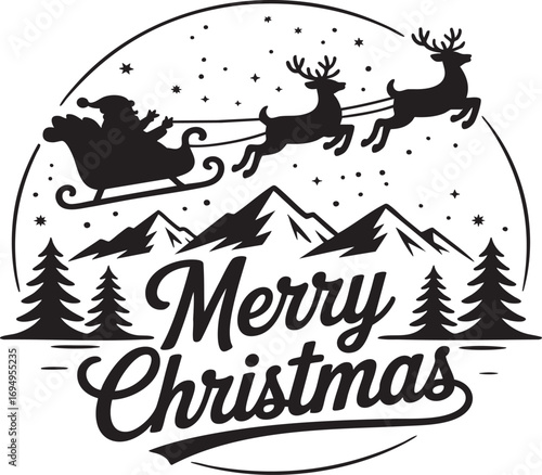 A stylized, black and white Christmas graphic featuring Santa's sleigh pulled by reindeer, soaring over snowy mountains.